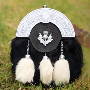Scottish Thistle Black Fur Dress Sporran – Full Dress Sporran with Chrome Cantle & White Tassels – Highland Kilt Accessory