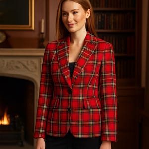 Op de afbeelding: Een rode geruite blazer met zwarte knopen en twee voorzakken. De blazer heeft een klassiek tartanpatroon met gele en zwarte accenten. De persoon draagt een zwarte top en een zwarte broek. De achtergrond omvat een open haard en een boekenkast.