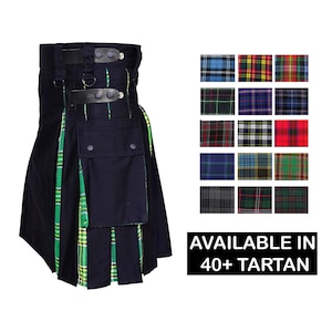 Men's Hybrid Utility Kilt - Black Cotton Utility Kilt - Scottish Tartan Hybrid Kilt - Custom Made Utility Kilt - 40+ Colors