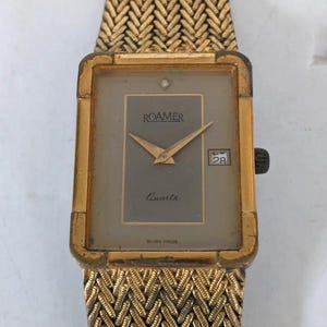 Vintage Roamer Tank Gold Tone Day Swiss Made Quartz Watch for Parts or Repair