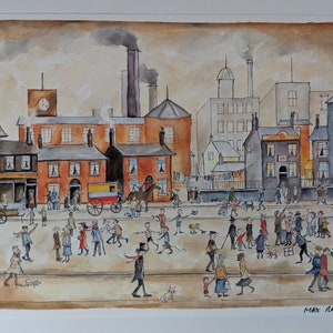 May include: Watercolor painting of a bustling town square with people, buildings, and a horse-drawn carriage. The buildings are brick with chimneys, and a clock tower is visible. The sky is overcast, and the scene has a vintage feel.