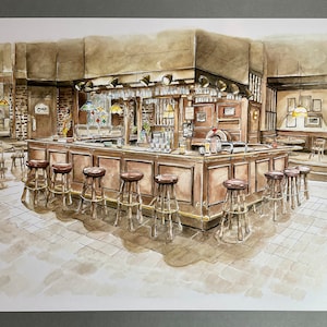 May include: Watercolor painting of a bar interior. The bar has a wooden facade with brown stools in front. The bar is well-lit with hanging lights and a display of glasses. The background features a brick wall and a door.