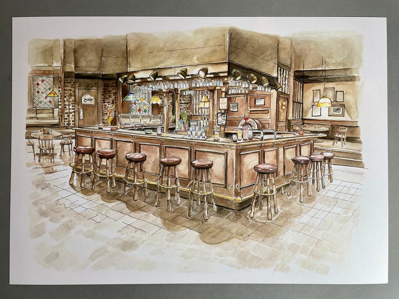 Puede incluir: Pintura a la acuarela de un interior de bar. La barra tiene una fachada de madera con taburetes marrones delante. La barra est&aacute; bien iluminada con luces colgantes y una exhibici&oacute;n de vasos. El fondo presenta una pared de ladrillo y una puerta.