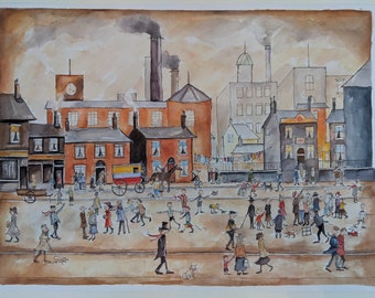 May include: A watercolour painting of a town scene with factories, buildings, and many figures. A horse-drawn carriage and people walking with dogs are visible. The colour palette includes browns, oranges, and greys, creating a vintage aesthetic.
