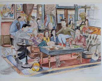 May include: Watercolor painting of a coffee shop scene with several people seated on a brown sofa and around a table. A guitar leans against the sofa. A penguin toy and a cat are on the floor. The painting has a warm, inviting atmosphere.