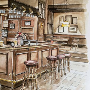 Puede incluir: Ilustraci&oacute;n en acuarela de un interior de bar cl&aacute;sico. La escena presenta una barra de madera con taburetes, una gramola y luces colgantes. La paleta de colores est&aacute; dominada por marrones y beiges, creando un ambiente c&aacute;lido y acogedor.