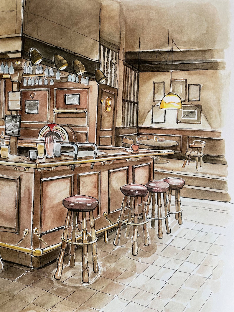 Puede incluir: Ilustraci&oacute;n en acuarela de un interior de bar cl&aacute;sico. La escena presenta una barra de madera con taburetes, una gramola y luces colgantes. La paleta de colores est&aacute; dominada por marrones y beiges, creando un ambiente c&aacute;lido y acogedor.