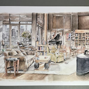 May include: A watercolor painting of a living room with a large couch, a piano, a bookshelf, and a cat sitting in a chair. The room has a large window with a view of a city skyline.