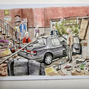May include: Watercolour illustration of a car crashed into a house. The dark grey car is embedded in the building, with people and debris visible. The scene depicts a chaotic accident inside the house.