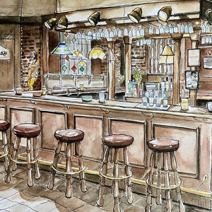 Puede incluir: Pintura a la acuarela de un interior de bar cl&aacute;sico. El bar cuenta con una barra de madera con taburetes, una pared de ladrillo y copas colgantes. La escena est&aacute; iluminada por luces y l&aacute;mparas colgantes, creando un ambiente c&aacute;lido.