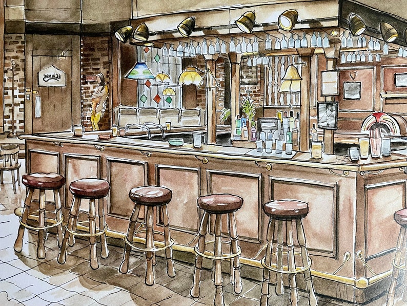 Puede incluir: Pintura a la acuarela de un interior de bar cl&aacute;sico. El bar cuenta con una barra de madera con taburetes, una pared de ladrillo y copas colgantes. La escena est&aacute; iluminada por luces y l&aacute;mparas colgantes, creando un ambiente c&aacute;lido.
