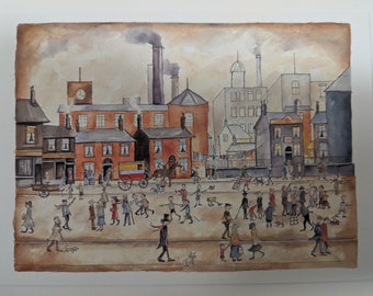 A6 sized 'Home time' postcard inspired by the art of L.S Lowry