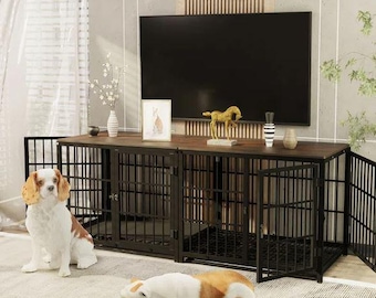 Wooden Dog Crate ,Three-Door Access, Metal Body, and Wooden Top for Practical and Elegant Pet Housing