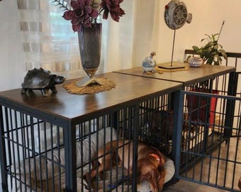 Customizable 3-Door Dog Crate with Wooden Top | Metal Frame and Easy-to-Clean Tray for Functional and Stylish Pet Housing