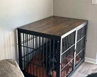 Three-Door Wooden and Metal Dog Kennel, Handcrafted Design with Easy Access and Durable Materials for Your Furry Friend