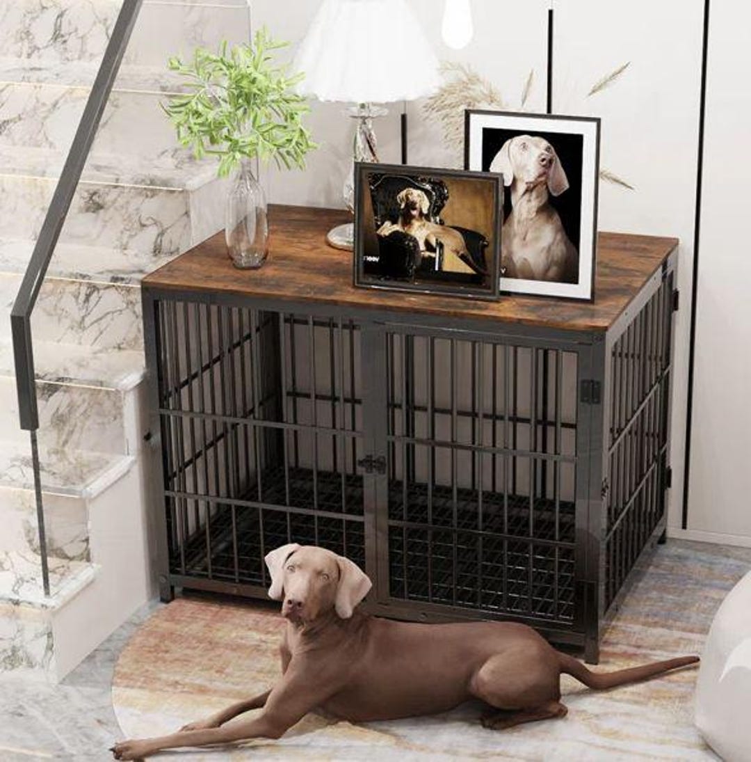Image showcasing Handcrafted Wooden Dog Crate With Three Doors, Durable Metal Frame and ...