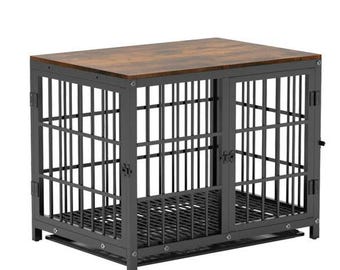 Handcrafted 3-Door Wooden and Metal Dog Kennel with Tray | Durable Pet Crate with Stylish Wooden Top