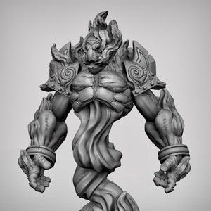 May include: A grey, sculpted figurine of a humanoid creature with a swirling, flame-like body and a detailed head. The creature has a muscular torso and arms, and is wearing armour with intricate designs.