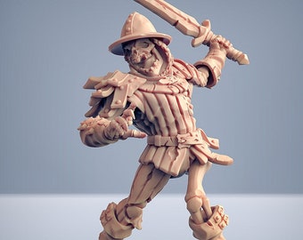Op de afbeelding: Een skeletfiguur met een harnas en helm, zwaaiend met een zwaard en een schild vasthoudend. De figuur is in een dynamische actiehoudingshouding geposeerd, klaar voor de strijd. De miniatuur is gemaakt van lichtbruin plastic.