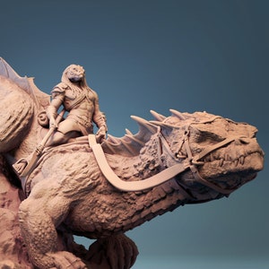 Lizardmen Lizardfolk Barbarian on Giant Lizard Premium dnd Miniature Mini | Resin 3D Printed | 28mm 32mm to 100mm | 30561