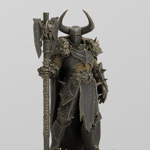 Peut inclure: Une figurine miniature détaillée d'un guerrier en armure noire et dorée, tenant une grande hache. Le guerrier a des cornes et un casque avec une expression menaçante. La figurine fait partie de la collection Unchained Volume II.