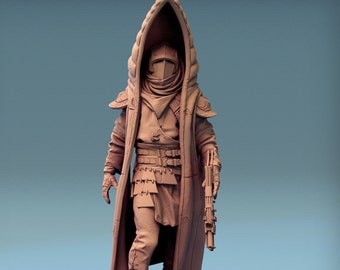 May include: A detailed miniature figure of a person wearing a hooded cloak and holding a weapon. The figure is painted in a brown colour and is standing on a base.