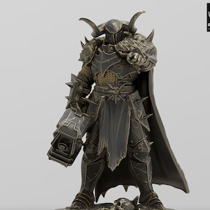 Może przedstawiać: Szczegółowa miniatura wojownika w czarnej i złotej zbroi, trzymającego dużą broń. Figurka stoi na podstawie z napisem "Unchained Volume II".