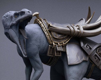 May include: A gray, detailed, 3D printed miniature of a dinosaur with a saddle and armor. The dinosaur is standing on a round base. The text "Mist of the Jungle" is printed on the base.