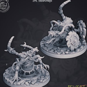 May include: Two 3D printed miniature figures of Sewercreeps from the Sewers of Thamarva collection. The figures are gray and feature a rat-like creature with mechanical parts. The figures are posed on a circular base with a stone texture.