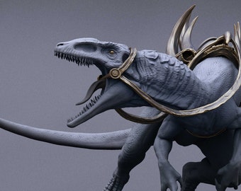 May include: A gray 3D printed model of a dinosaur with a golden harness and horns. The dinosaur is posed in a running position with its mouth open. The base is a gray circle with a textured surface. The text "MIST OF THE JUNGLE" is printed in gold on the base.