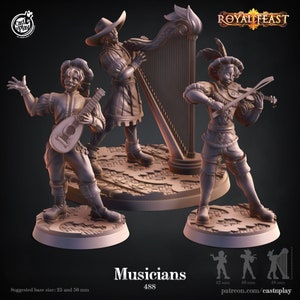 May include: Three miniature figurines of musicians playing instruments. A lute player, a harpist, and a violinist. The figurines are painted in a brown and grey colour scheme. The text "Musicians 488" is printed below the figurines.