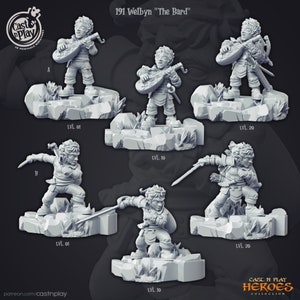 May include: A 3D printed miniature of a bard playing a lute. The miniature is in various poses, representing different levels of experience. The miniature is gray and is set on a rocky base.