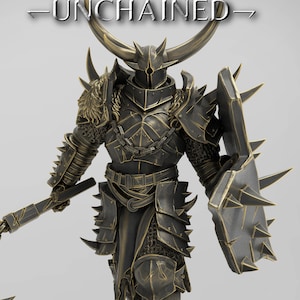 May include: A gold-colored miniature figure of a warrior wearing armor with horns and a spiked shield. The figure is holding a spiked chain weapon. The figure is standing on a base with skulls.