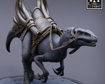 May include: A gray, detailed miniature of a dinosaur with a saddle and ornate horns. The dinosaur is standing on a gray base. The text "Mist of the Jungle" is printed below the base.
