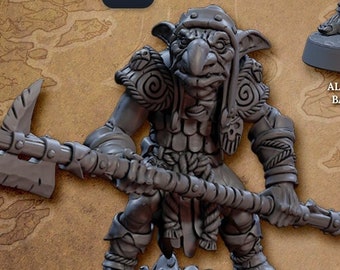 May include: Two versions of a 3D printed goblin miniature. The first version holds a spear, while the second version holds a sword and shield. Both miniatures are painted in a grey color.