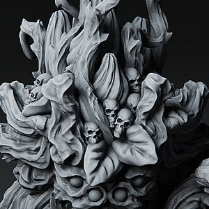 May include: A detailed, gray, sculpted figurine of a creature with a skull-like face and a body made of twisted branches and leaves. The creature is covered in skulls and has a menacing expression.