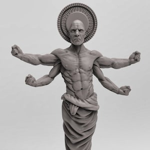 Puede incluir: Una figura esculpida en gris de un hombre con cuatro brazos, que lleva una túnica fluida y un halo. La figura tiene una expresión severa y parece estar en una pose de poder.