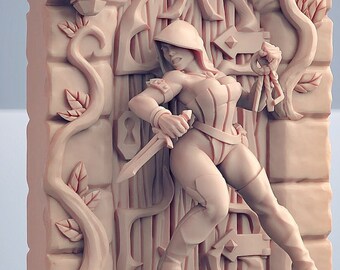 May include: A 3D printed miniature of a female figure in a hooded cloak, holding a dagger and keys, standing in front of a stone doorway with vines and a lantern.