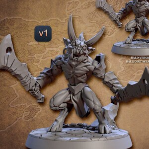 May include: A grey, detailed miniature figurine of a demon with horns and a toothy grin, holding two swords. The figurine is standing on a round base. The text "BALD VERSION! BALLJOINT WEAPONS!" is visible in the background.