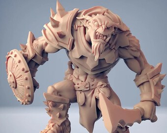 May include: A detailed miniature figurine of a goblin warrior, painted in a light brown color. The goblin is wearing armor with spikes and holding a shield and a dagger.