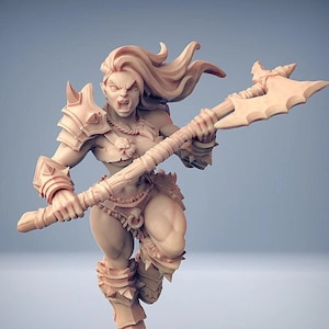 May include: A detailed miniature figurine of a female orc warrior, painted in a light brown colour. She is wearing armour and holding a large axe with a serrated blade. The figurine is posed in a dynamic running stance.