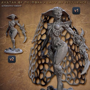 Op de afbeelding: Een grijs, gedetailleerd, 3D-geprint miniatuur van een vrouwelijke figuur met een webachtige mantel. De figuur heeft een humanoïde lichaam met insectenachtige kenmerken, waaronder een groot hoofd met mandibels en een gesegmenteerde buik. De figuur staat op een basis met een getextureerd oppervlak.