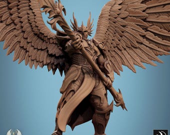 May include: A detailed, sculpted figurine of an angel warrior with large feathered wings, holding a staff with a decorative top. The figurine is made of a light brown material and is posed in a dynamic stance.