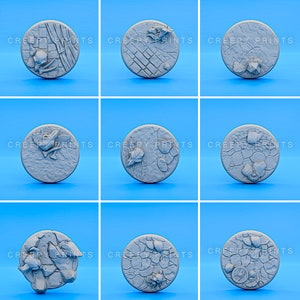Pack of 9 Round Scenic Bases v16 | Rocks Skulls Bones | 25mm 28mm 30mm 32mm 40mm 50mm 60mm 65mm 75mm 80mm | Tabletop Miniatures Minis p16-9