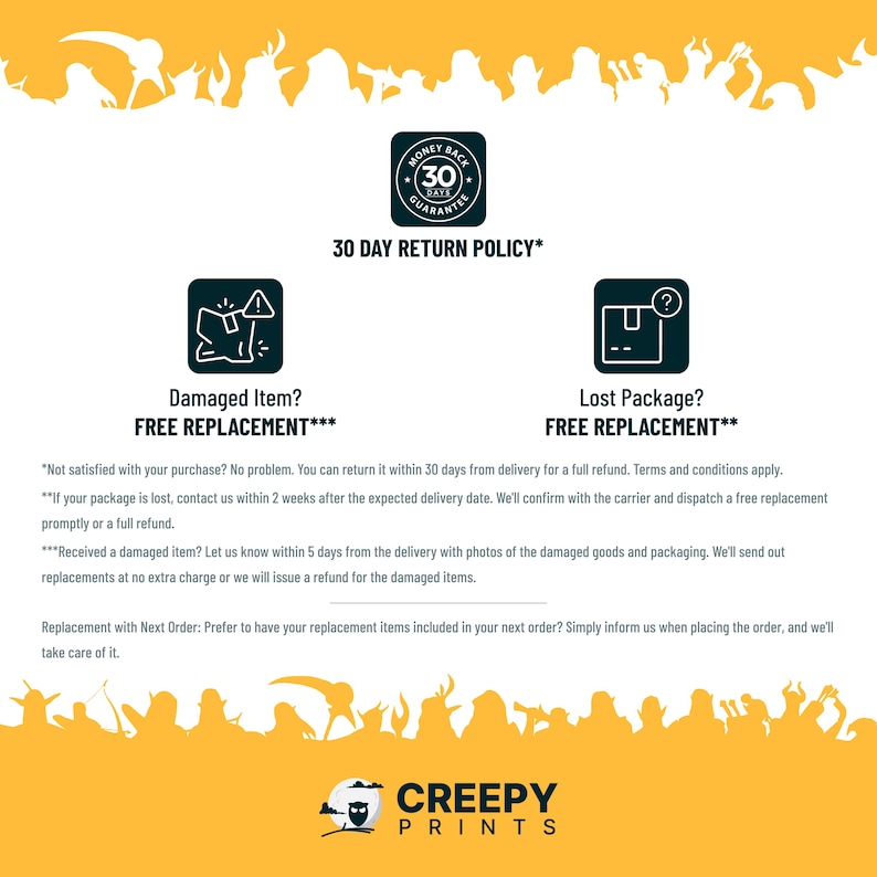May include: A yellow and black graphic with a 30-day return policy for damaged or lost items. The graphic includes a money-back guarantee icon, a damaged item icon, and a lost package icon. The text reads "30 Day Return Policy*" and "Free Replacement***".