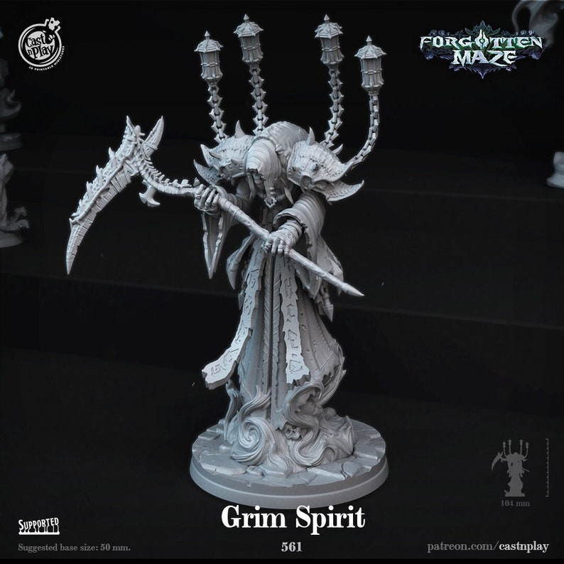 May include: A gray 3D printed miniature of a Grim Spirit from the Forgotten Maze game. The figure is holding a scythe and has a hooded robe with intricate details. The base is a circular stone with a swirling design. The figure is 104 mm tall and the suggested base size is 50 mm.
