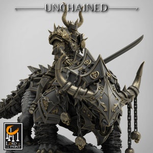 May include: A black and gold armored figure riding a monstrous creature with horns and chains. The figure is holding a sword and has a skull-like helmet. The text "UNCHAINED" is written above the figure.