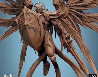May include: A detailed brown sculpture of a winged warrior, holding a shield and a sword. The figure is adorned with intricate armour and a halo, with large, feathered wings. The sculpture has the text "Bastion Purity" and "Rescale" on the bottom.
