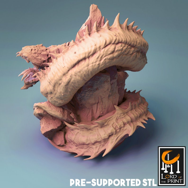 May include: A 3D printed model of a monstrous creature with sharp teeth and spines. The creature is curled up in a defensive position, with its head and tail close together. The model is printed in a light pink color and is pre-supported for easy printing.