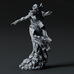May include: A detailed, white, skeletal figure sculpture with a flowing robe and a book in its hand. The figure stands on a base of skulls and rocks.